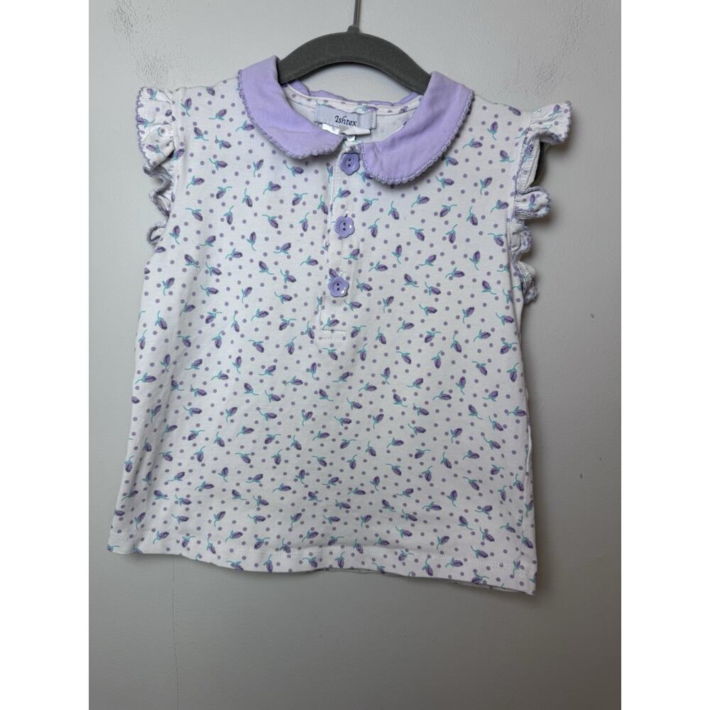Ishtex Girls White Floral Flutter Sleeve Collared Top Size 6